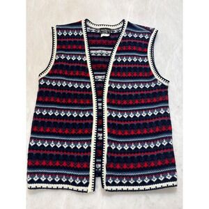 Southern Lady Fair Isle Knit Vest Blue Red White Geometric Pattern Medium
